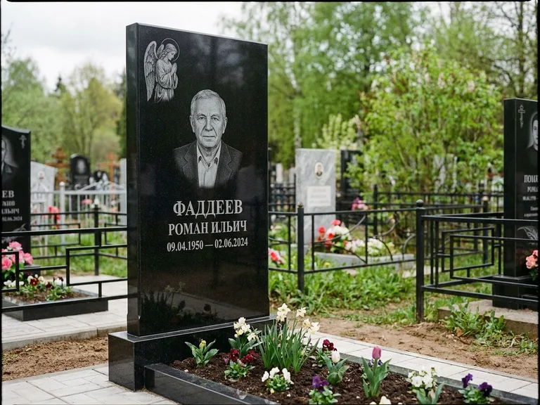 Памятник с гравировкой ангела — гравировка молящегося ангела в верхней части стелы, работа «Фаддеев» в Рязани