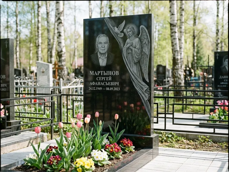 Памятник с гравировкой ангела — гравировка двух ангелов по сторонам портрета, работа «Касаткин» в Рязани