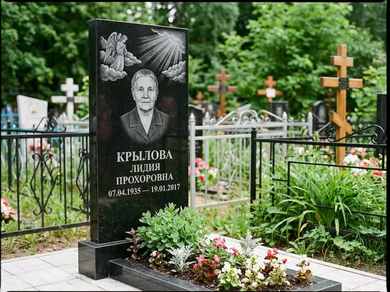 Памятник с гравировкой ангела — гравировка ангела в облаках с лучами над портретом, работа «Лобанова» в Рязани