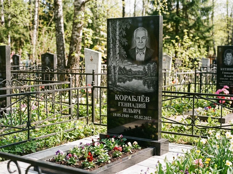 Памятник с гравировкой берёзы — гравировка берёзы у зеркального озера, работа «Кораблёв» в Рязани