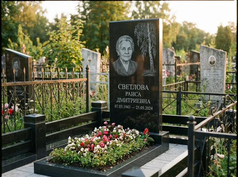 Памятник с гравировкой берёзы — гравировка плакучей берёзы с тонкими ветвями, работа «Светлова» в Рязани