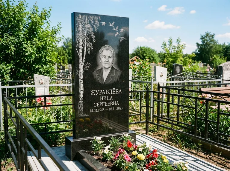 Памятник с гравировкой берёзы — гравировка берёзы с журавлиным клином в небе, работа «Журавлёва» в Рязани