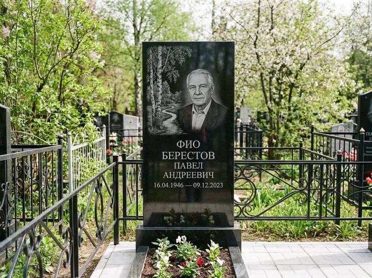 Памятник с гравировкой берёзы — гравировка берёзы у тропинки, уходящей вдаль, работа «Берестов» в Рязани