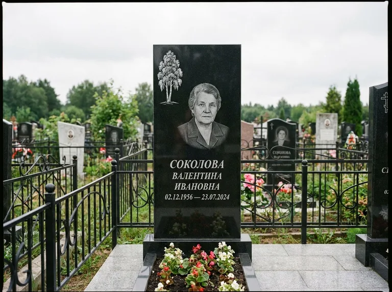 Памятник с гравировкой берёзы — гравировка одинокой берёзы над именем, работа «Соколова» в Рязани