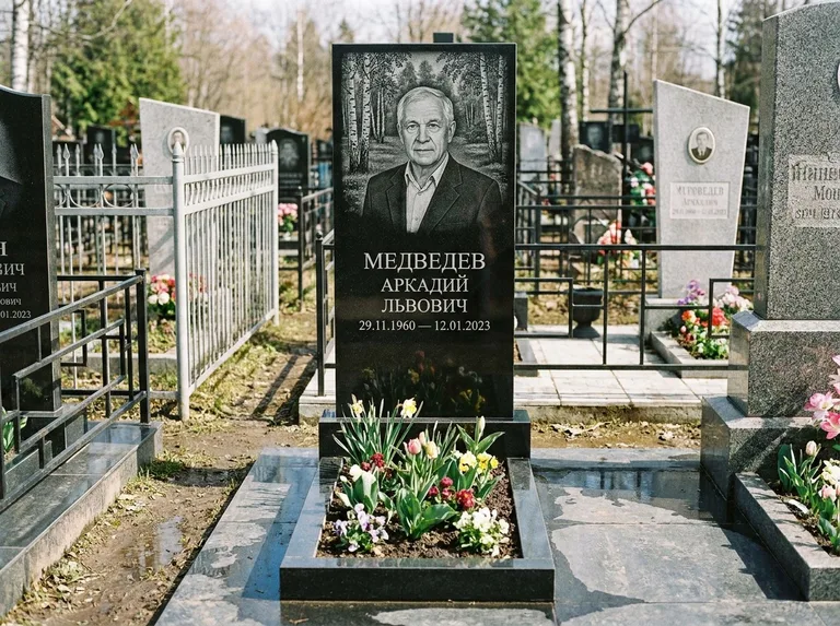 Памятник с гравировкой берёзы — гравировка берёзовой рощи в глубину, работа «Медведев» в Рязани