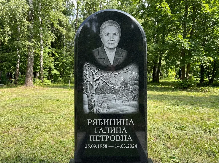 Памятник с гравировкой берёзы: стела с плавным арочным верхом — зимняя берёза, снег на ветвях, газон без ограды, стриженая трава, работа «Рябинина» в Рязани