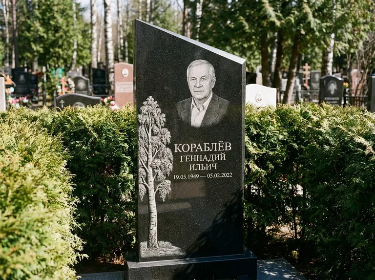 Памятник с гравировкой берёзы: асимметричная скошенная стела — объёмная одинокая берёза с фактурной корой, живая изгородь из туи, работа «Кораблёв» в Рязани
