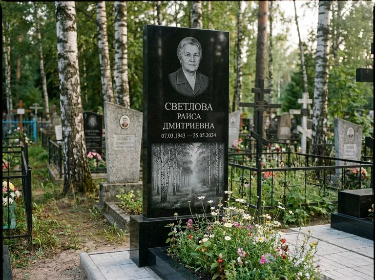 Памятник с гравировкой берёзы: двойная семейная стела — берёзовая роща в лёгкой дымке, цветник с полевыми цветами, работа «Светлова» в Рязани