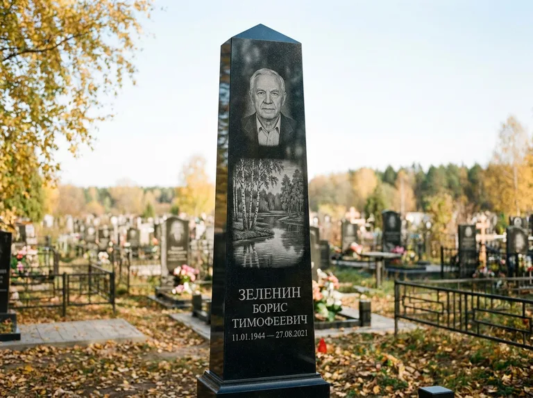 Памятник с гравировкой берёзы: гранёный обелиск-колонна — берёза у воды с отражением, открытый участок, мягкий свет, работа «Зеленин» в Рязани