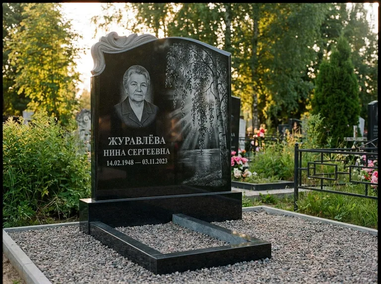 Памятник с гравировкой берёзы: стела с фигурным резным верхом — плакучая берёза в контровом свете, гравийная отсыпка, рассвет, работа «Журавлёва» в Рязани