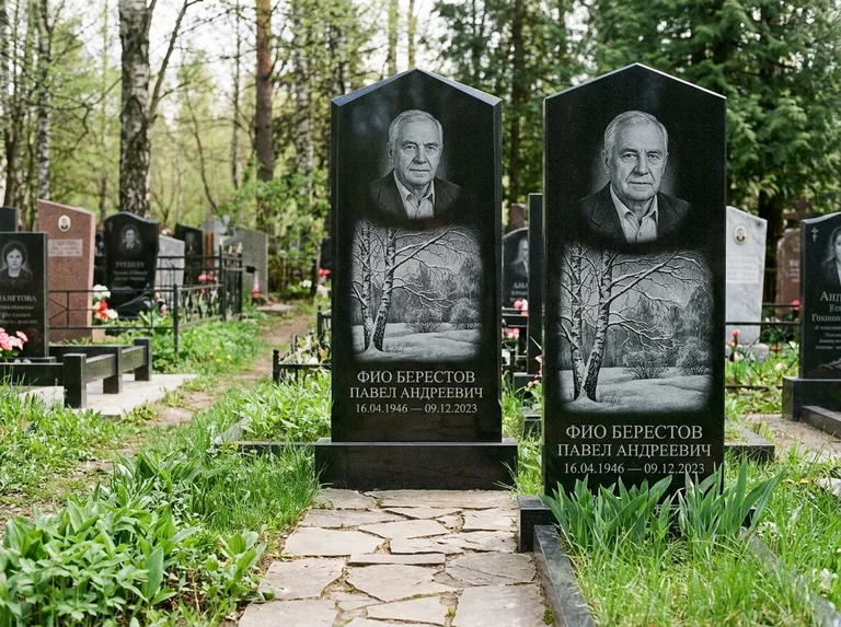Памятник с гравировкой берёзы: массивная стела с двускатным навершием — зимняя берёза, снег на ветвях, дорожка из природного плитняка, работа «Берестов» в Рязани