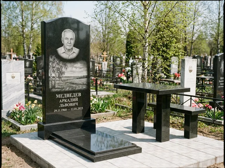 Памятник с гравировкой берёзы: стела с гранитным столиком и скамьёй — берёза у поля, простор до горизонта, семейный участок с плиткой, работа «Медведев» в Рязани