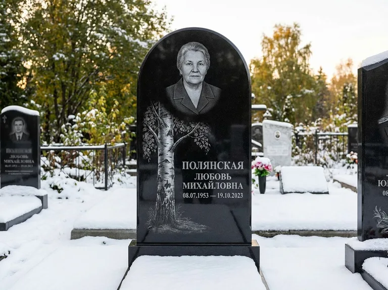 Памятник с гравировкой берёзы: полукруглая стела — объёмная одинокая берёза с фактурной корой, заснеженный зимний участок, работа «Полянская» в Рязани