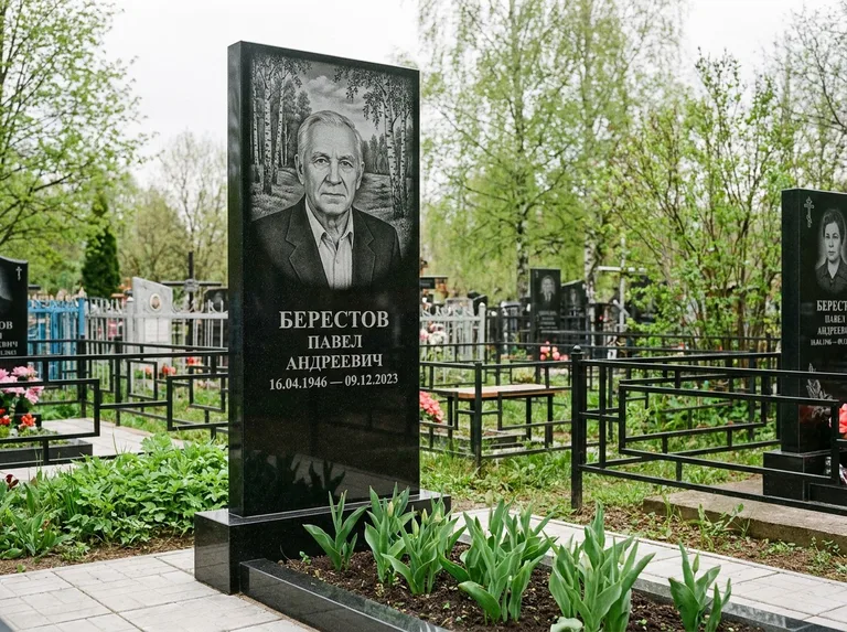 Памятник с гравировкой берёзы — гравировка берёзовой рощи в глубину, работа «Берестов» в Рязани
