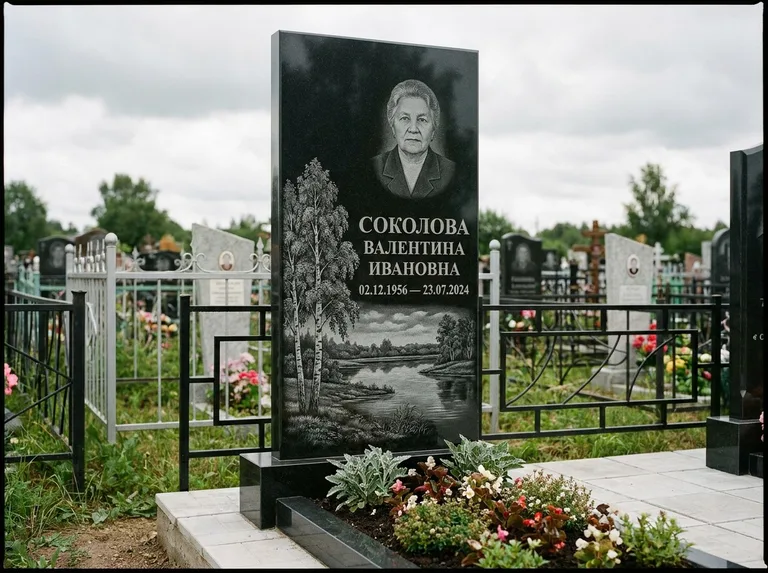 Памятник с гравировкой берёзы — гравировка берёзы у зеркального озера, работа «Соколова» в Рязани