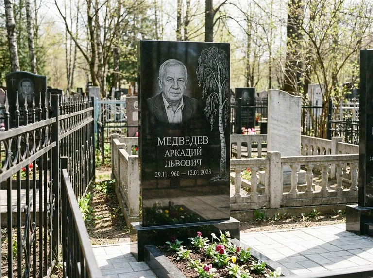 Памятник с гравировкой берёзы — гравировка плакучей берёзы с тонкими ветвями, работа «Медведев» в Рязани