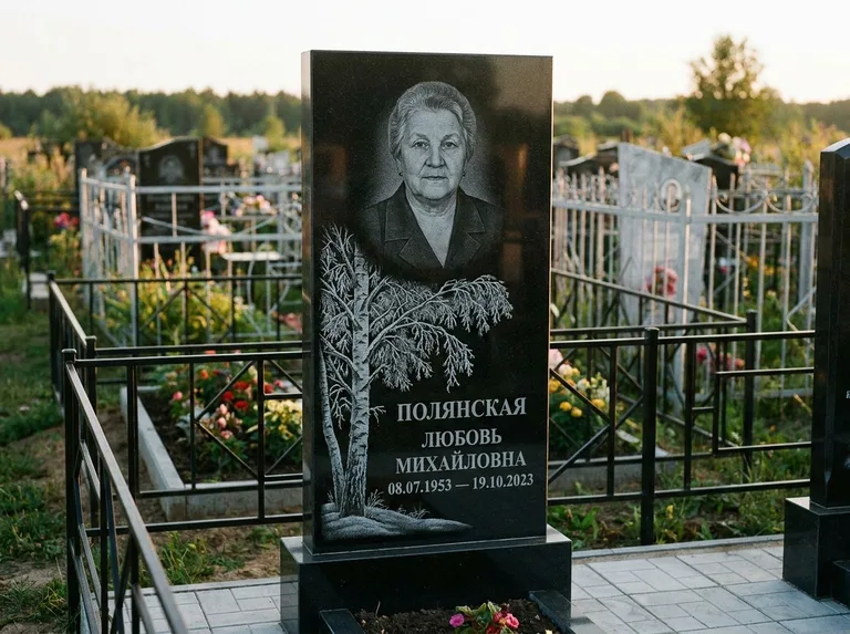 Памятник с гравировкой берёзы — гравировка зимней берёзы в инее, работа «Полянская» в Рязани