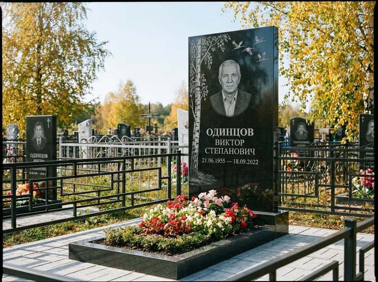 Памятник с гравировкой берёзы — гравировка берёзы с журавлиным клином в небе, работа «Одинцов» в Рязани