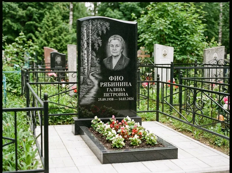 Памятник с гравировкой берёзы — гравировка берёзы у тропинки, уходящей вдаль, работа «Рябинина» в Рязани