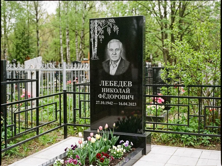 Памятник с гравировкой берёзы — гравировка одинокой берёзы над именем, работа «Лебедев» в Рязани