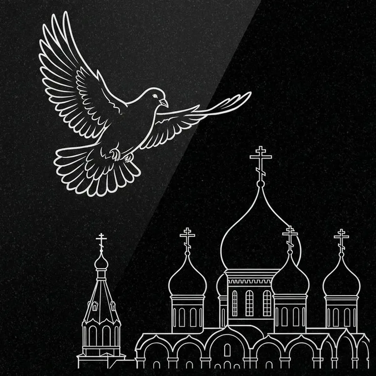 Эскиз гравировки голубей на памятник — голубь в небе над храмом в Рязани