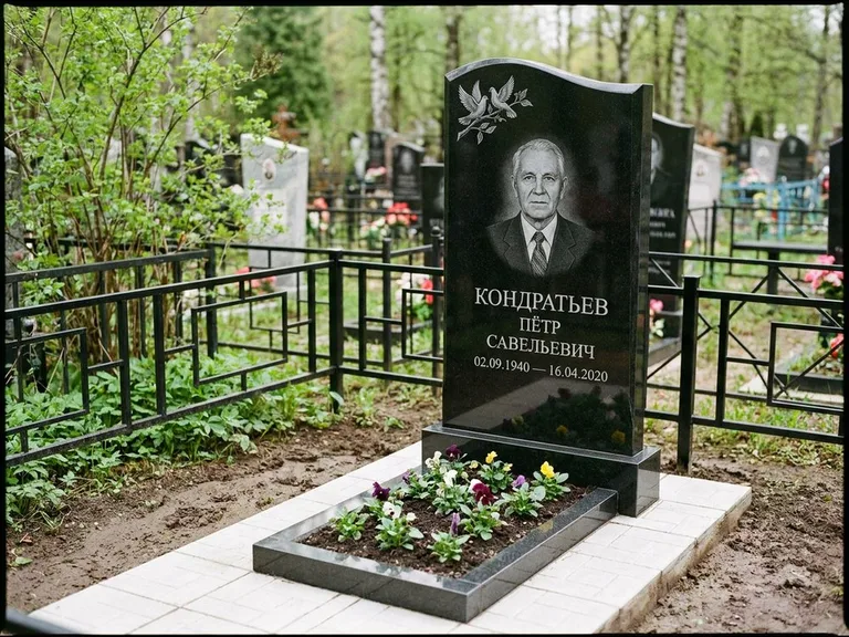 Памятник с гравировкой голубей — гравировка пары голубей на ветке в верхнем углу стелы, работа «Кондратьев» в Рязани