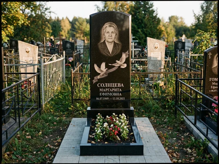 Памятник с гравировкой голубей — гравировка двух летящих голубей с лентой по диагонали стелы, работа «Солнцева» в Рязани