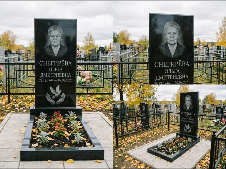 Памятник с гравировкой голубей — гравировка голубя над раскрытыми ладонями внизу стелы, работа «Снегирёва» в Рязани