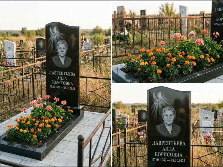 Памятник с гравировкой голубей — гравировка голубя в лучах света над портретом, работа «Лаврентьева» в Рязани