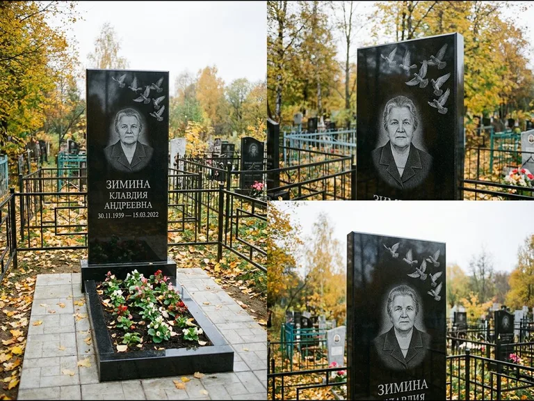Памятник с гравировкой голубей — гравировка стаи голубей, взлетающей от угла стелы, работа «Зимина» в Рязани