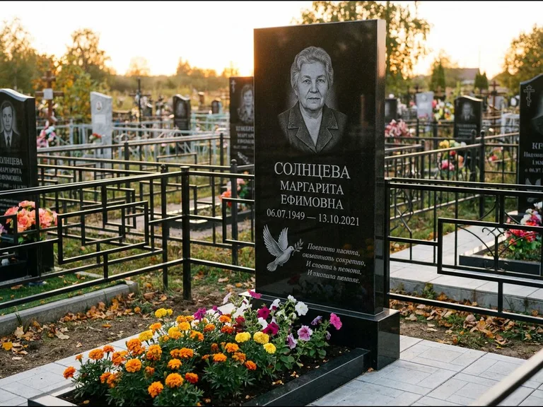 Памятник с гравировкой голубей — гравировка голубя с оливковой ветвью рядом с эпитафией, работа «Солнцева» в Рязани