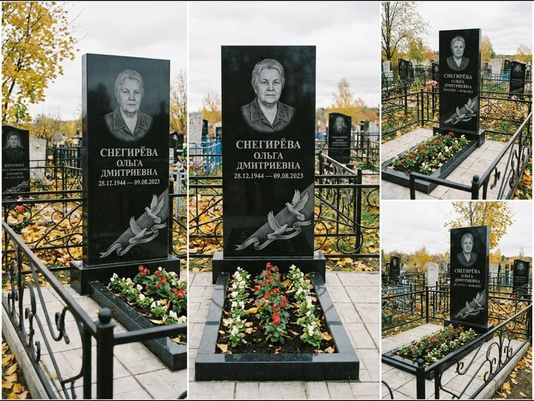 Памятник с гравировкой голубей — гравировка двух летящих голубей с лентой по диагонали стелы, работа «Снегирёва» в Рязани
