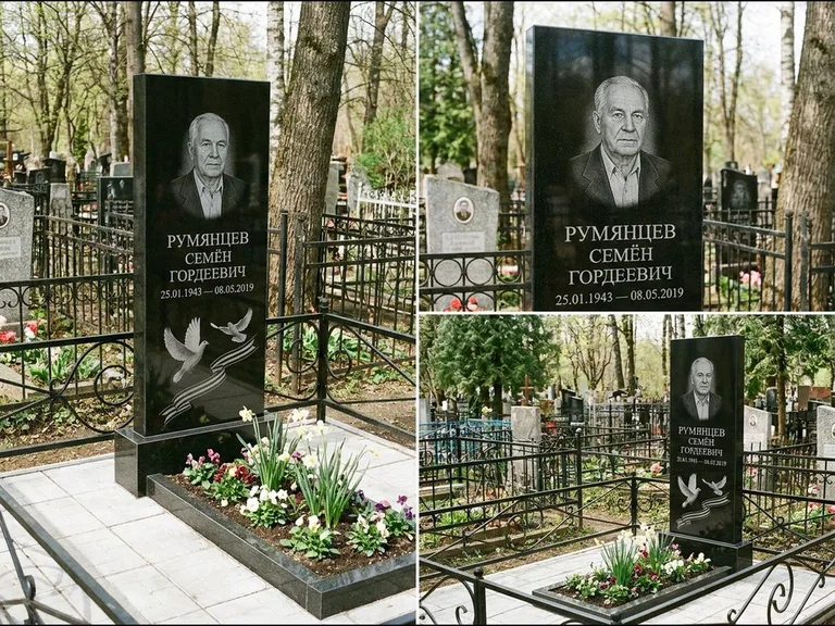 Памятник с гравировкой голубей — гравировка двух летящих голубей с лентой по диагонали стелы, работа «Румянцев» в Рязани