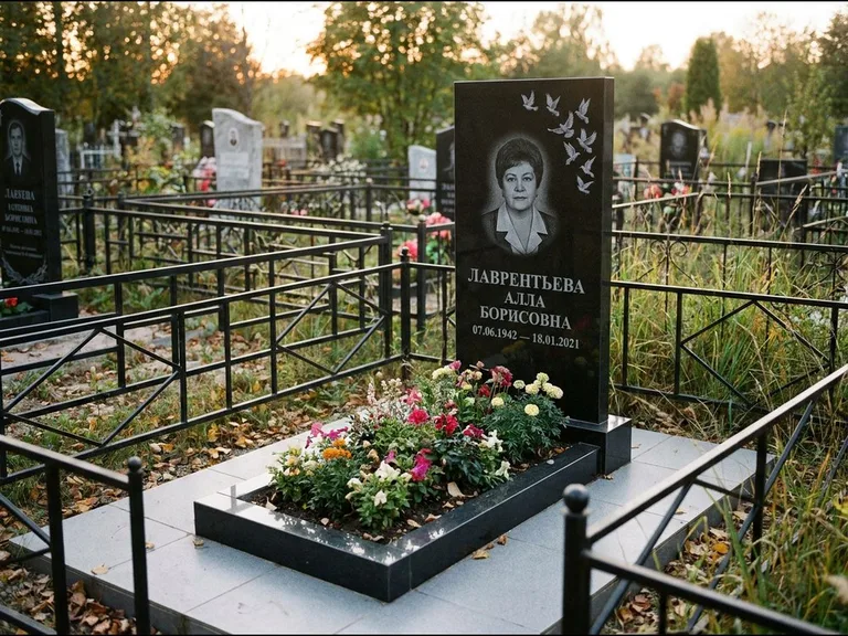 Памятник с гравировкой голубей — гравировка стаи голубей, взлетающей от угла стелы, работа «Лаврентьева» в Рязани
