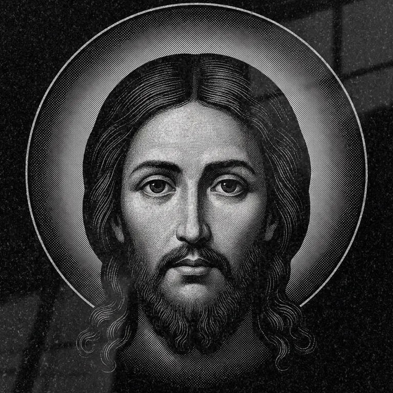 Эскиз иконы: Спас Нерукотворный (полутон) — детальный лик на убрусе, гравировка на памятник в Рязани