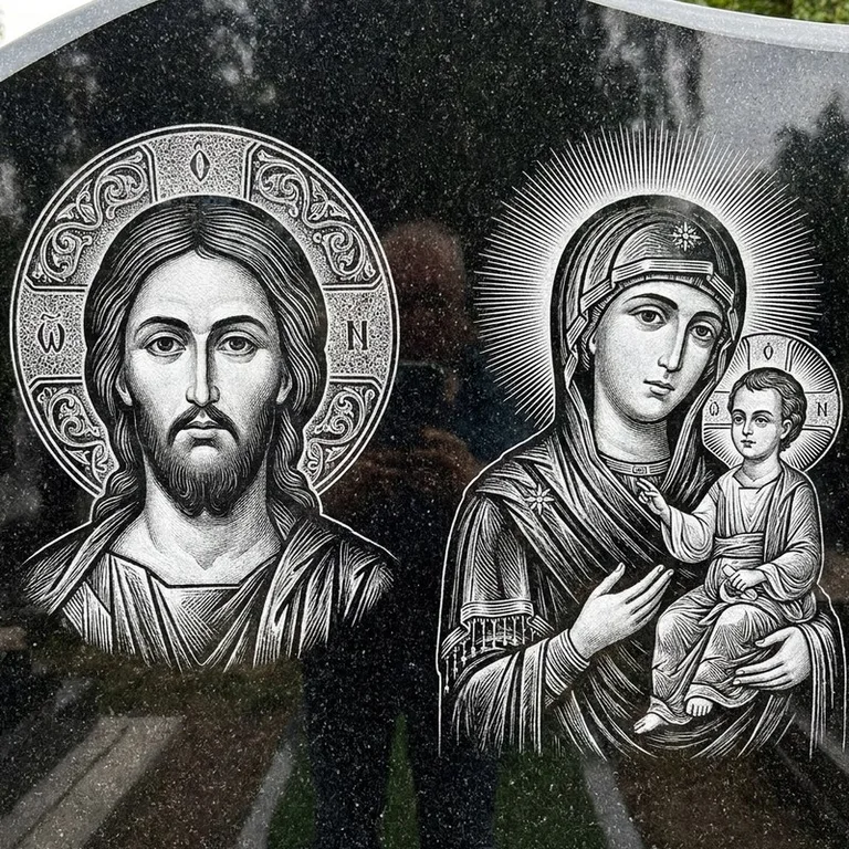 Эскиз иконы: Спаситель и Богородица — парные образы симметрично, гравировка на памятник в Рязани