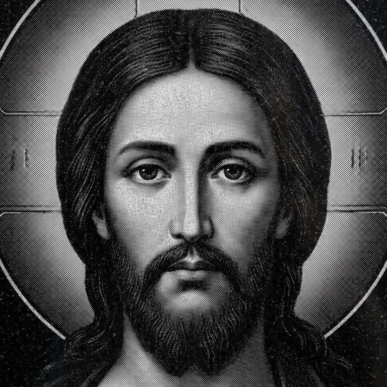Эскиз иконы: Спас Вседержитель (полутон) — объёмный лик, светотень, гравировка на памятник в Рязани