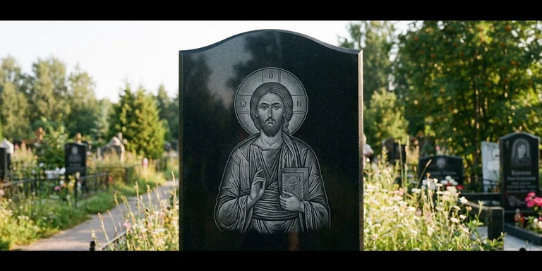 Иконы для гравировки на памятник в Рязани — образ на стеле из чёрного гранита с ручной доводкой лика
