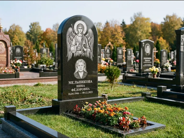 Памятник с гравировкой иконы — икона над портретом усопшего, работа «Журавлёв» в Рязани