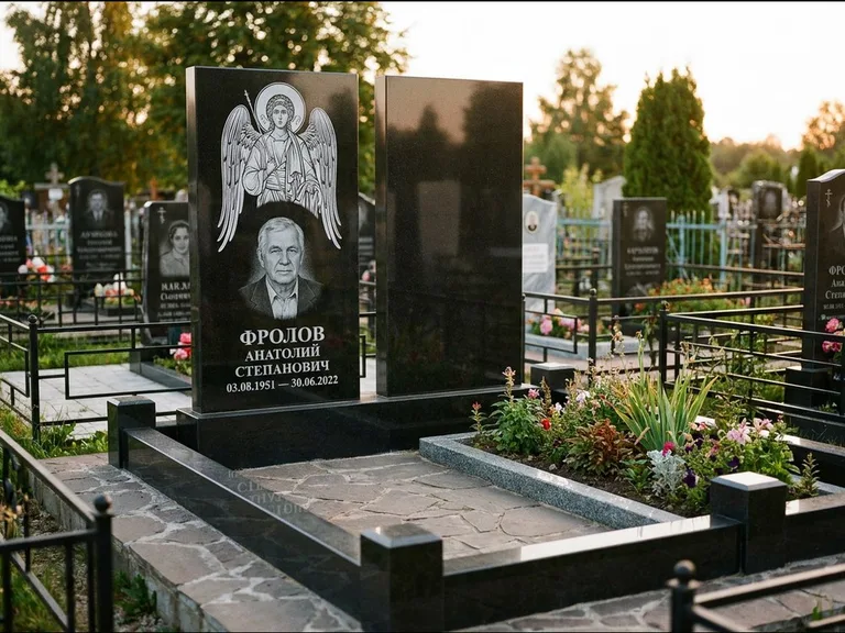 Памятник с гравировкой иконы: стела с резной рамкой вокруг иконы — Архангел Михаил на стеле, белая мраморная крошка с бордюром, работа «Богданова» в Рязани