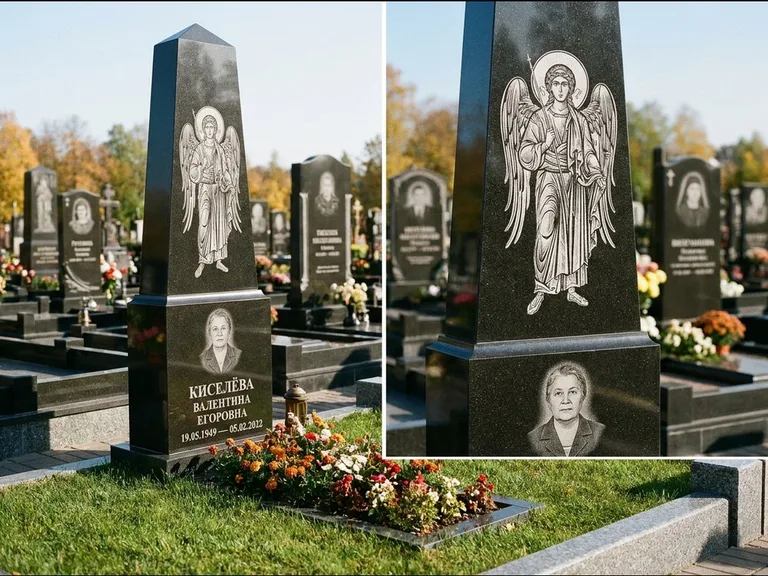 Памятник с гравировкой иконы: асимметричная скошенная стела — гравировка образа Спасителя, живая изгородь из кустарника, работа «Третьяков» в Рязани