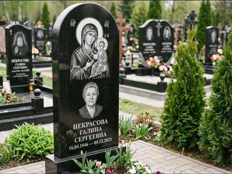 Памятник с гравировкой иконы: фигурная стела с киот-нишей под икону — икона в резной рамке-киоте, светлая гравийная отсыпка, работа «Журавлёв» в Рязани