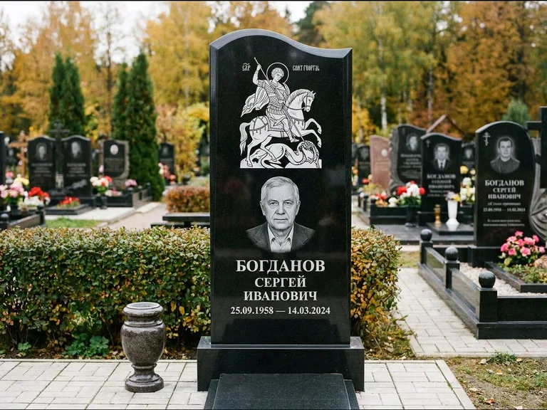 Памятник с гравировкой иконы: монументальный семейный мемориал из двух стел на общем цоколе — гравировка Николая Чудотворца, мощёная гранитная площадка без ограды, работа «Раевская» в Рязани