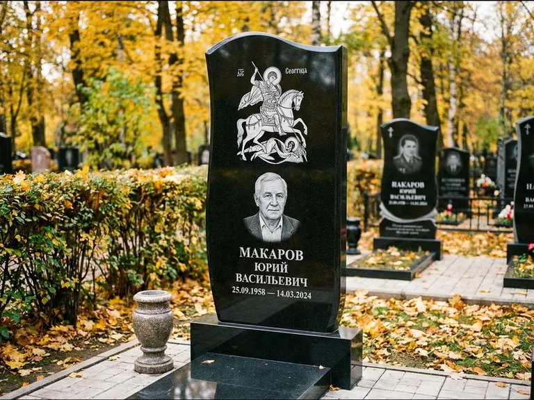 Памятник с гравировкой иконы — икона над портретом усопшего, работа «Раевская» в Рязани