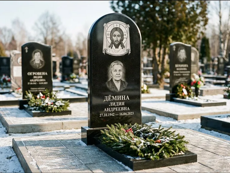 Памятник с гравировкой иконы — икона Спаса Вседержителя над именем усопшего, работа «Ковалёв» в Рязани