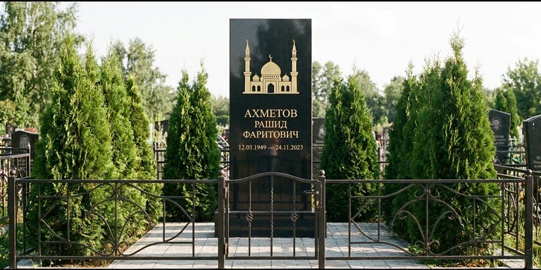 Гравировка мечети на памятник в Рязани — стела из чёрного гранита, оформление по канонам ислама