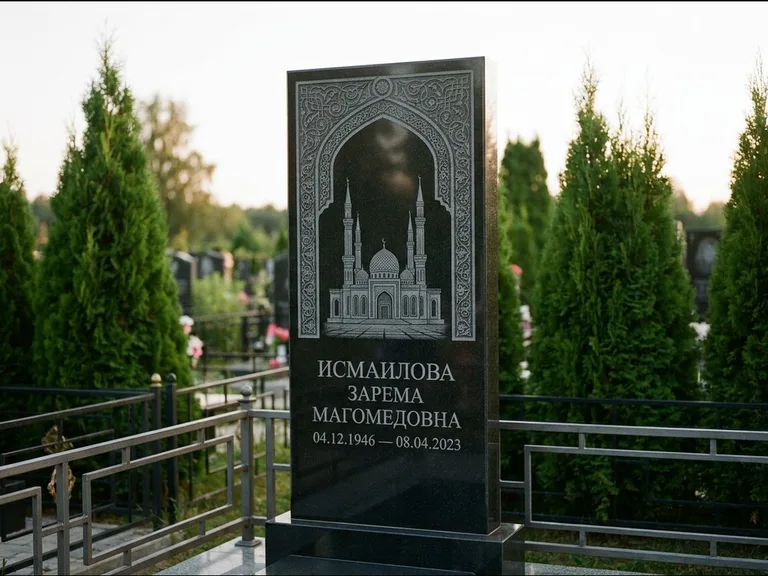Мусульманский памятник с гравировкой мечети — мечеть в восточной арке с орнаментом, работа «Исмаилова» в Рязани