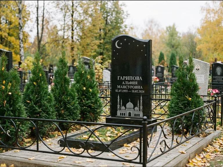Мусульманский памятник с гравировкой мечети — мечеть с луной в ночном небе, работа «Гарипова» в Рязани