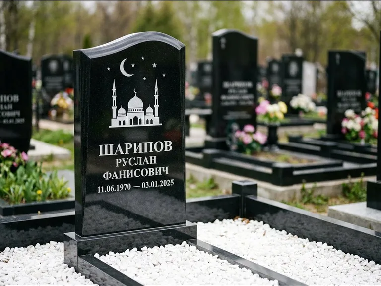 Мусульманский памятник с гравировкой мечети: стела с волнообразным скошенным верхом — гравировка мечети под полумесяцем и звёздами, белая мраморная крошка с бордюром, работа «Шарипов» в Рязани
