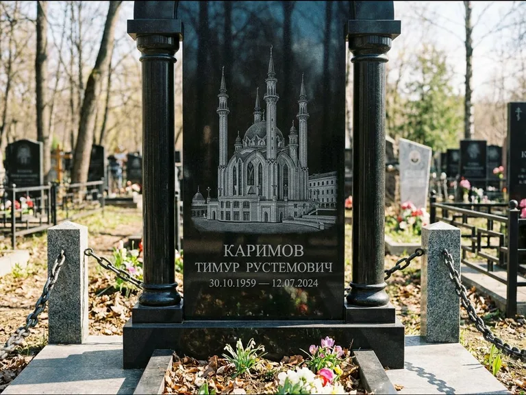 Мусульманский памятник с гравировкой мечети: стела с колоннами-минаретами по бокам — детализированная гравировка мечети Кул-Шариф, гранитные столбики с провисающей цепью, работа «Каримов» в Рязани